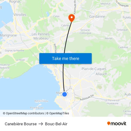 Canebière Bourse to Bouc-Bel-Air map