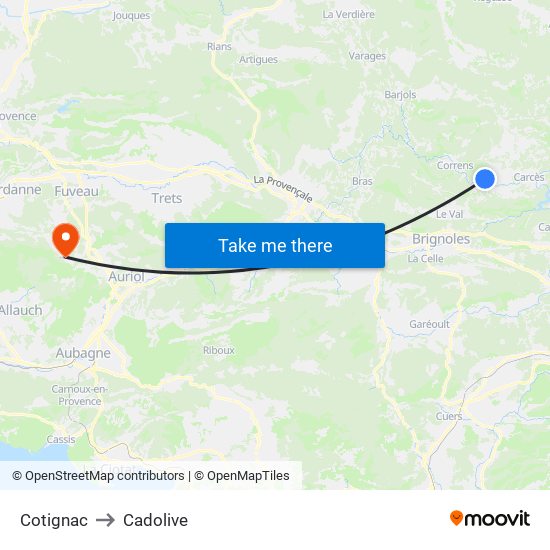 Cotignac to Cadolive map