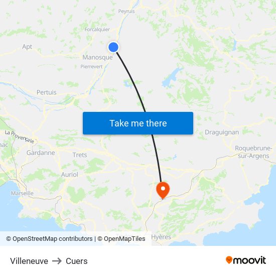 Villeneuve to Cuers map