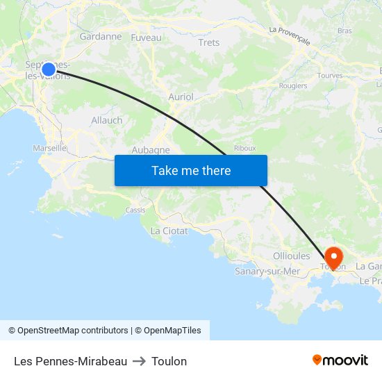 Les Pennes-Mirabeau to Toulon map
