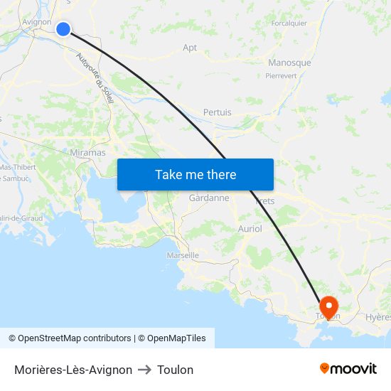 Morières-Lès-Avignon to Toulon map