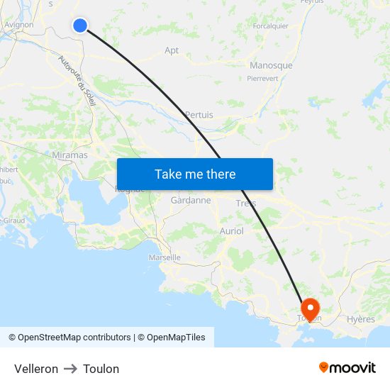 Velleron to Toulon map