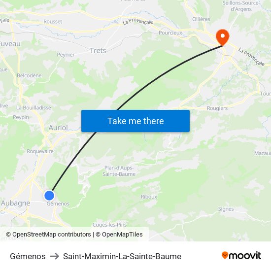 Gémenos to Saint-Maximin-La-Sainte-Baume map