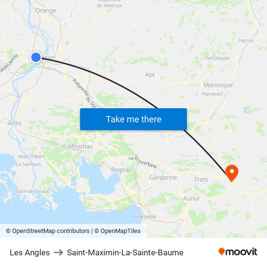 Les Angles to Saint-Maximin-La-Sainte-Baume map