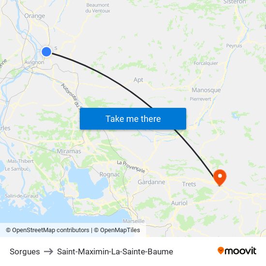 Sorgues to Saint-Maximin-La-Sainte-Baume map