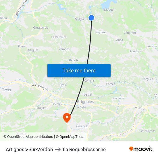 Artignosc-Sur-Verdon to La Roquebrussanne map