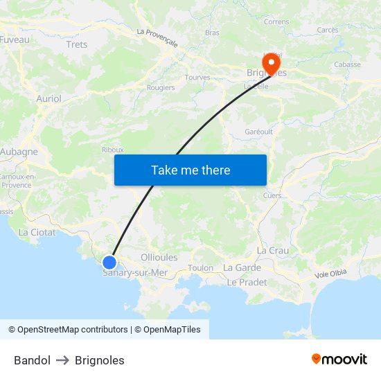 Bandol to Brignoles map