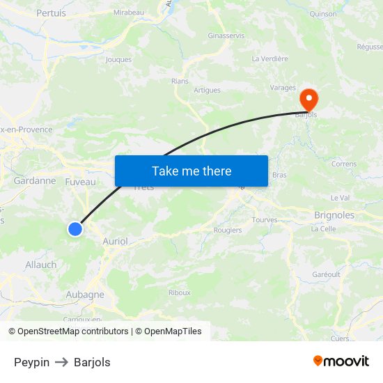 Peypin to Barjols map