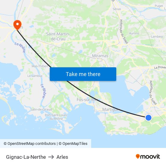 Gignac-La-Nerthe to Arles map