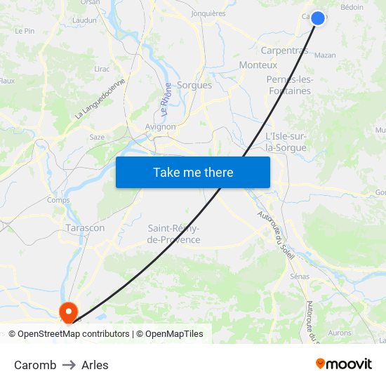 Caromb to Arles map