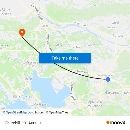 Churchill to Aureille map