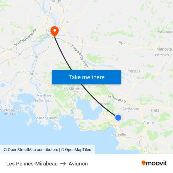 Les Pennes-Mirabeau to Avignon map