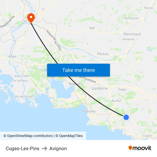 Cuges-Les-Pins to Avignon map