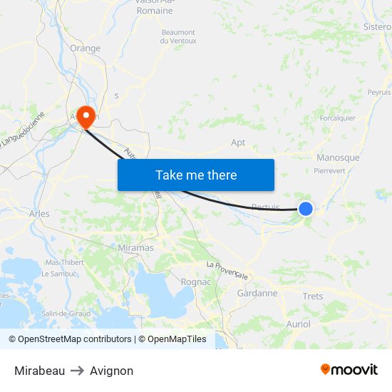 Mirabeau to Avignon map