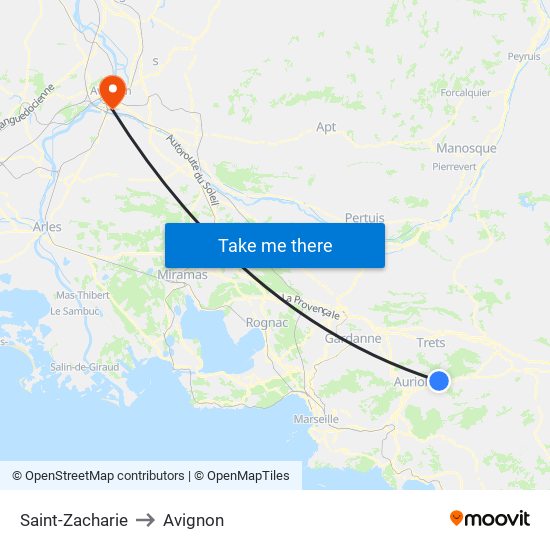 Saint-Zacharie to Avignon map