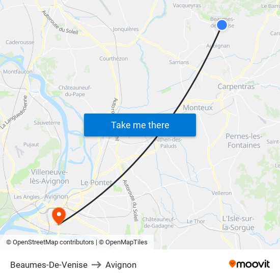 Beaumes-De-Venise to Avignon map