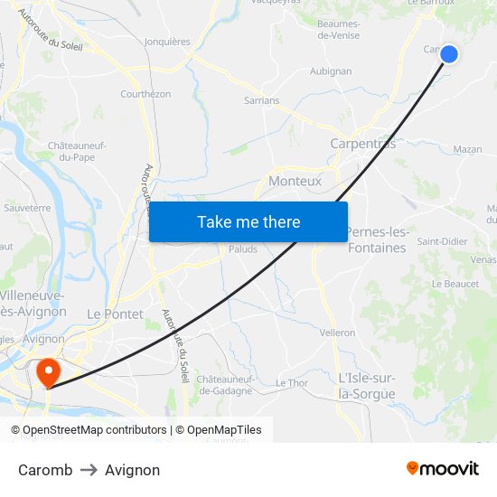 Caromb to Avignon map
