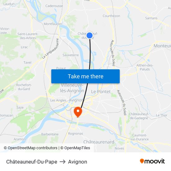 Châteauneuf-Du-Pape to Avignon map