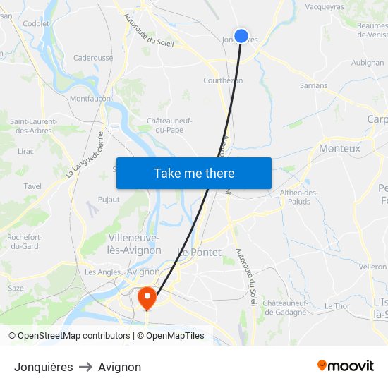 Jonquières to Avignon map