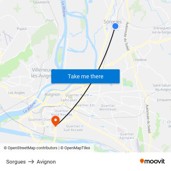 Sorgues to Avignon map