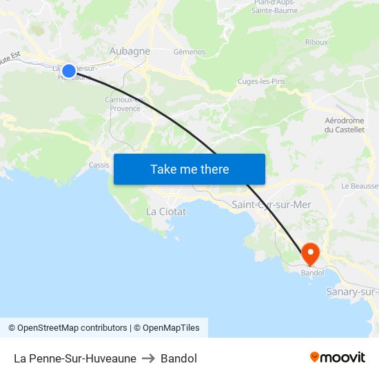 La Penne-Sur-Huveaune to Bandol map