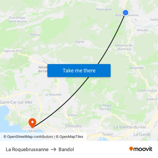 La Roquebrussanne to Bandol map