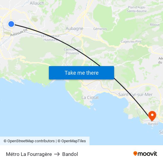 Métro La Fourragère to Bandol map