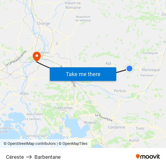 Céreste to Barbentane map
