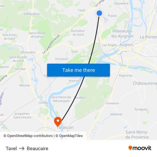 Tavel to Beaucaire map