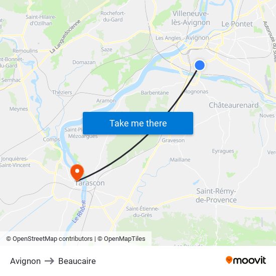 Avignon to Beaucaire map