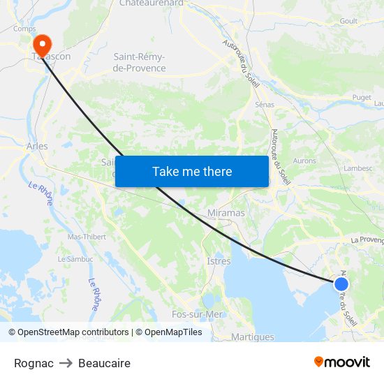 Rognac to Beaucaire map