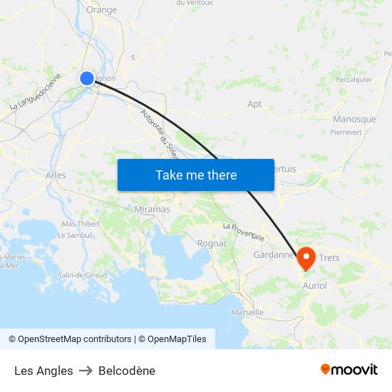 Les Angles to Belcodène map