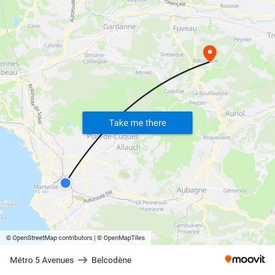 Métro 5 Avenues to Belcodène map