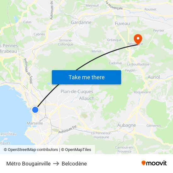 Métro Bougainville to Belcodène map