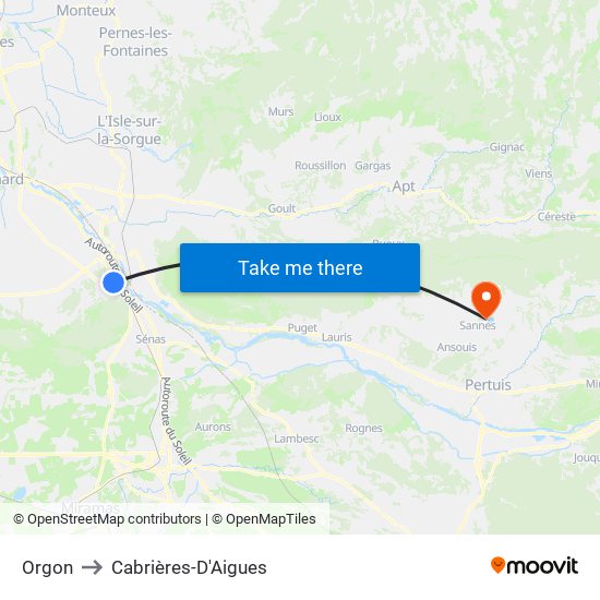 Orgon to Cabrières-D'Aigues map