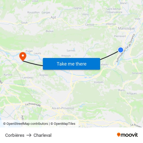 Corbières to Charleval map