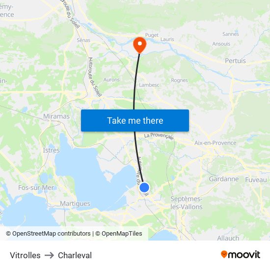Vitrolles to Charleval map