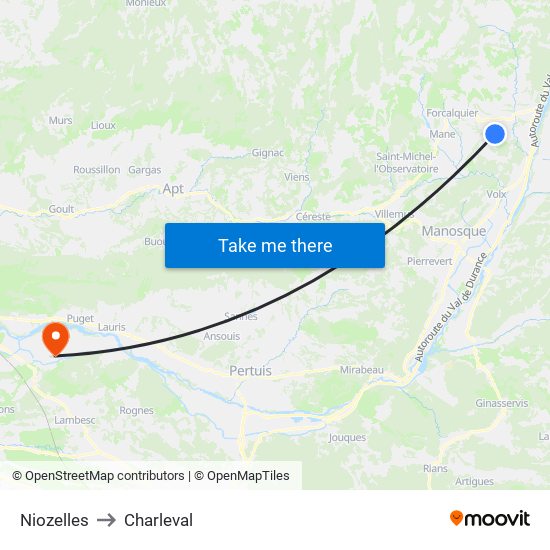 Niozelles to Charleval map