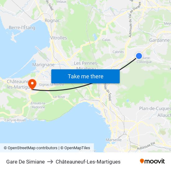 Gare De Simiane to Châteauneuf-Les-Martigues map