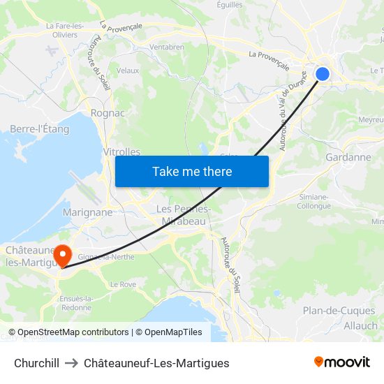 Churchill to Châteauneuf-Les-Martigues map