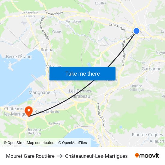 Mouret Gare Routière to Châteauneuf-Les-Martigues map