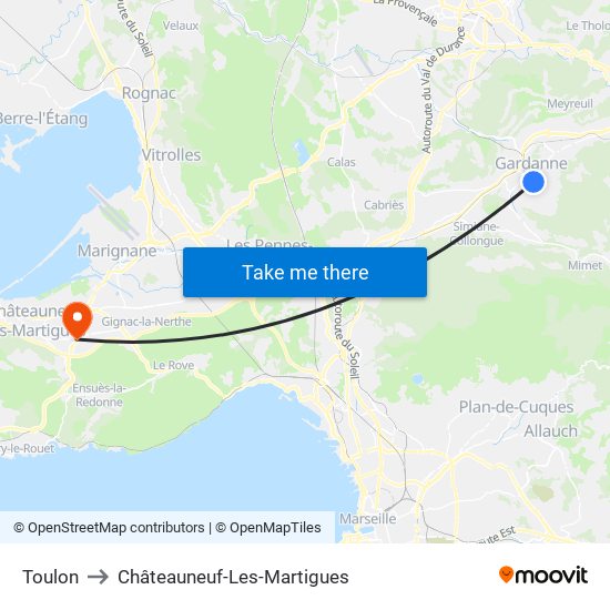 Toulon to Châteauneuf-Les-Martigues map