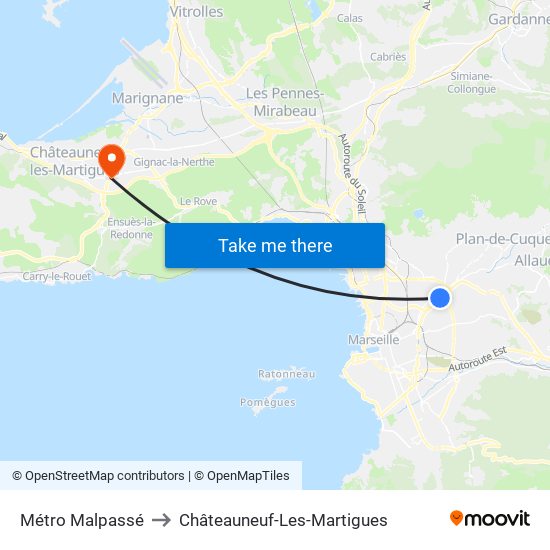 Métro Malpassé to Châteauneuf-Les-Martigues map