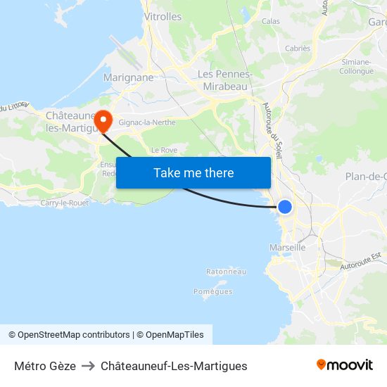 Métro Gèze to Châteauneuf-Les-Martigues map