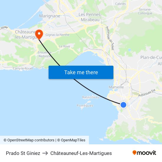 Prado St Giniez to Châteauneuf-Les-Martigues map