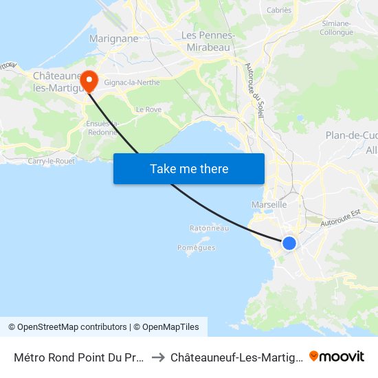 Métro Rond Point Du Prado to Châteauneuf-Les-Martigues map