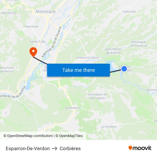 Esparron-De-Verdon to Corbières map