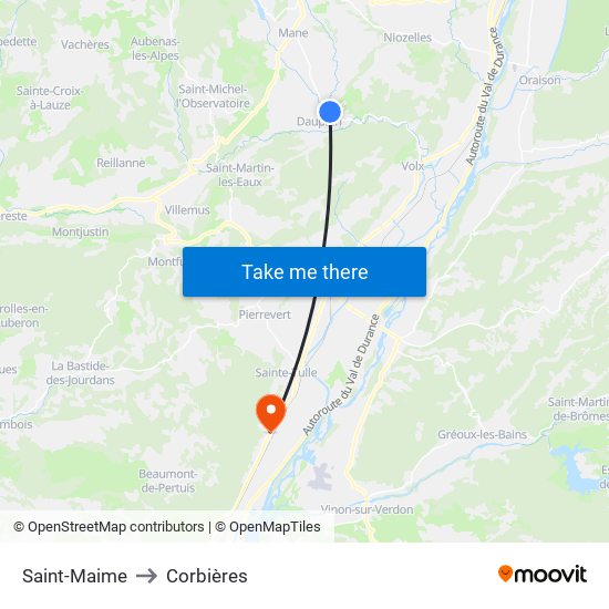 Saint-Maime to Corbières map
