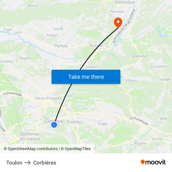 Toulon to Corbières map