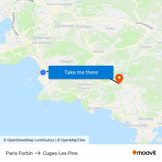 Paris Forbin to Cuges-Les-Pins map